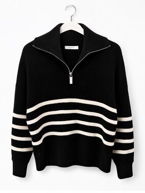 Reserved Black & White Striped Half Zip Sweater Size M Cozy Minimal Chic